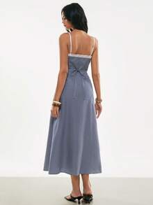 Poéselle 女士优雅蕾丝拼接格子吊带裙，夏季 - 黑色 - 查看 8