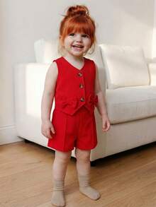 2pcs Baby Girls' Red Bow Button Vest & Shorts Set, Summer Children Fashion Commuter Style Outfit Toddler Girl Red Outfit - Red - View 1
