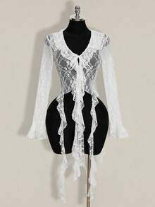 SHEIN ICON 2026 Noutate Sosire Femei Floral Lace Patchwork Ruffle Hem Față Cravată Mânecă Evazată Top La modă Cămașă Transparentă din Dantelă, Topuri pentru Ieșiri în oraș, Tricou Transparent de Festival Femei Alb Din Dantelă Covoraș - alb - Vizualizare 5