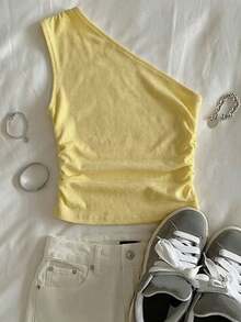 SHEIN Teen Girls Asymmetric Shoulder Ruched Waist Camisole Top, Pale Yellow - Yellow - View 6