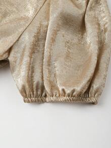 GlowEve Women's Metal Texture Round Neck Short Puff Sleeve Gathered Waist Blouse - Gold - View 3