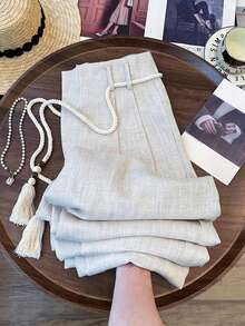 GlowEve Women's Bamboo Texture Fabric Paired With Wooden Bead & Tassel Drawstring Wide Leg Pants, Casual Daily Vacation Commute Business Fashion Holiday Date French Street Retro Versatile Light Gray Early Spring/Spring Summer New Wide Leg Pants - Grey - View 8