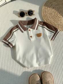SHEIN Baby Boy Cute Bear Print Short Sleeve Polo Shirt,White Summer Toddler Top Clothes,Vintage Brown Baby Collar Shirt,Back-To-School,Carrer Day,Cute - Khaki - View 5
