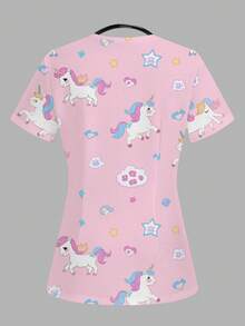 TaskEZ Rainbow Pony Pink Women's Scrub Uniform Top - Multicolor - View 2