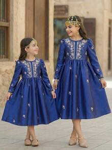 SHEIN Royal Blue Young Girl Flamingo Print Long Sleeve Dress,Autumn Party Wedding Elegant Floral Arabian,Kaftan Jalabiya Pakistani Clothes For Young Girl - Blue - View 7