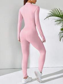 SHEIN PETITE Women's Solid Color Long Sleeve Zip-Up Stand Collar Jumpsuit - Baby Pink - View 2