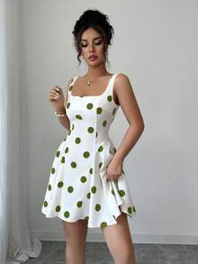 Elenzga 方领黑色波点优雅短裙 - 綠色 - 查看 4