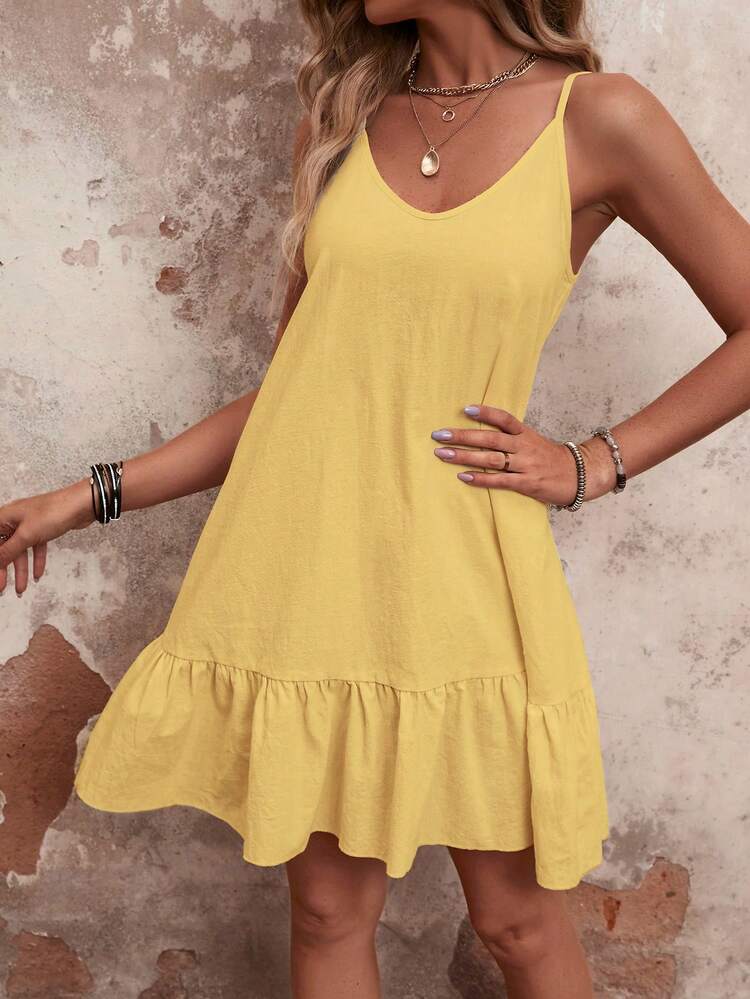 SHEIN VCAY Summer Casual Solid Color Ruffle Strap Dress - Light Yellow - View 6