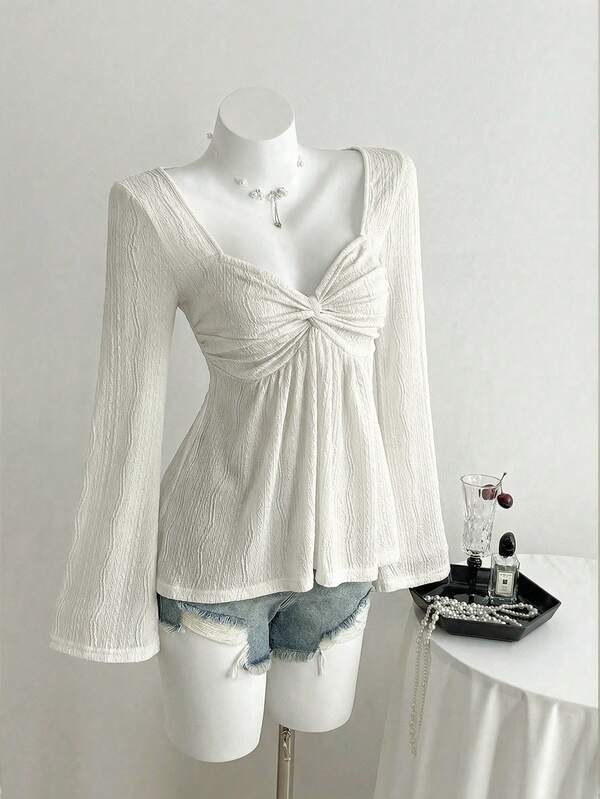 Elamini T-shirt à manches longues, col en V, texturé, jacquard, polyvalent, avec un nouveau nœud torsadé, pour femmes, automne/hiver