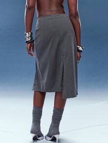 Normani Women's Dark Grey Striped Wrap-Around Split Hem Asymmetrical Skirt,Autumn Business Casual Office Commuter Elegant Western Slit Wrap Skirts For Women - Dark Grey - View 2