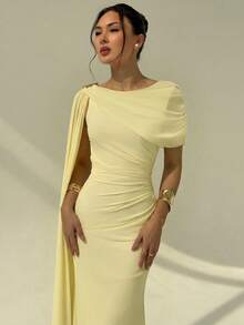 Aloruh 女士纯色荷叶边系带设计优雅束腰连衣裙，适合派对穿着 - 淡黃色 - 查看 4