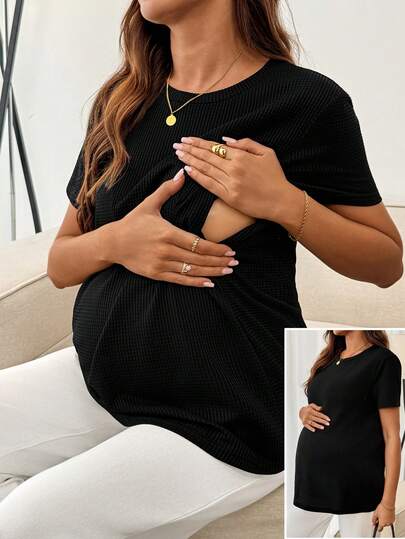 SHEIN Maternity Casual Solid Color Short Sleeve Nursing Top, Summer,Maternity Clothes, Casual, Comfortable,  Soft,