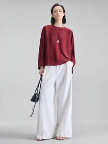 Ontre 夏季新款复古红色圆领插肩袖蝙蝠袖宽松上衣，修身百搭，适合夏季穿着 - 中紫紅色 - 查看 3