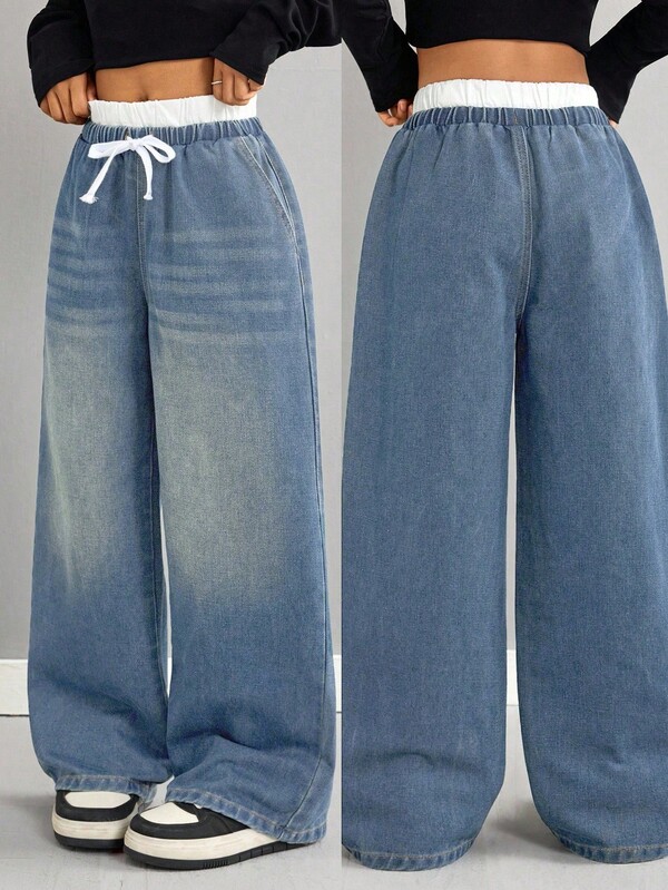 Girls' Contrast Waistband Design Blue Loose Fit Jeans