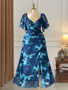 Rometta Đầm tím oải hương cổ chữ V tay bồng xếp ly xẻ tà dành cho nữ, đầm phù dâu thanh lịch cho đám cưới, tiệc tùng. - màu xanh lá - Xem 3