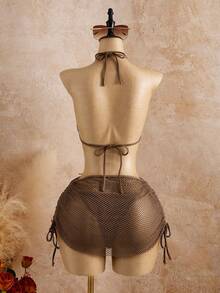 Bellisia 三件套纹理面料印花比基尼套装，泳衣带裙，春夏海滩度假 - 棕色 - 查看 2