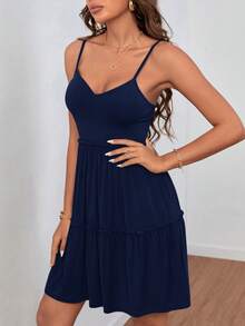 SHEIN Essnce Đầm nữ không tay màu trơn, kiểu dáng thường ngày, thích hợp cho mùa hè. - Màu xanh hải quân - Xem 5