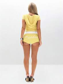 BABYPHAT Short Sleeve Hooded Zip Up Crop Top With White Logo Script Design And Front Zipper Closure For Casual Spring Summer - Light Yellow - View 8