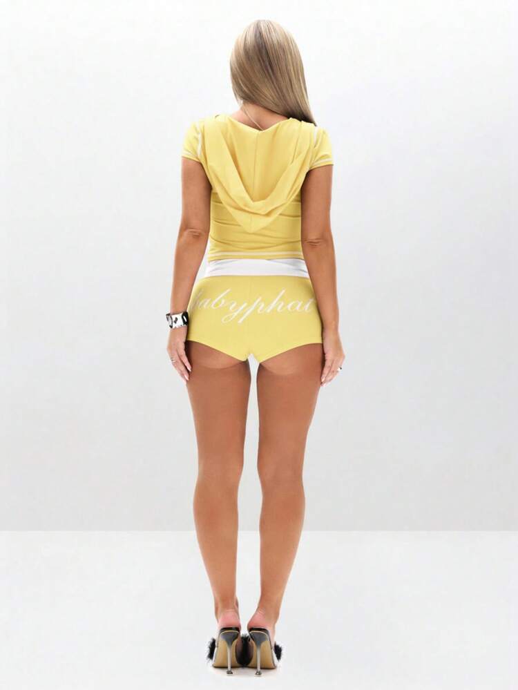 BABYPHAT Short Sleeve Hooded Zip Up Crop Top With White Logo Script Design And Front Zipper Closure For Casual Spring Summer