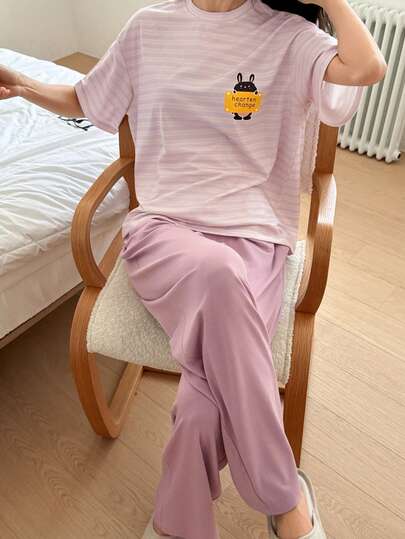 DAZY 两件套女士宽松条纹短袖T恤和纯色直筒裤，休闲夏季套装