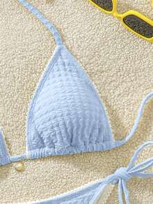 Swim Mod Women's Summer Vacation Beach Solid Color Textured Halter Bikini Set - Blue - View 7