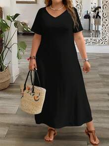 Rusticease 大码女式休闲简约V领短袖纯黑色长款连衣裙，适合夏季度假 - 黑色 - 查看 6