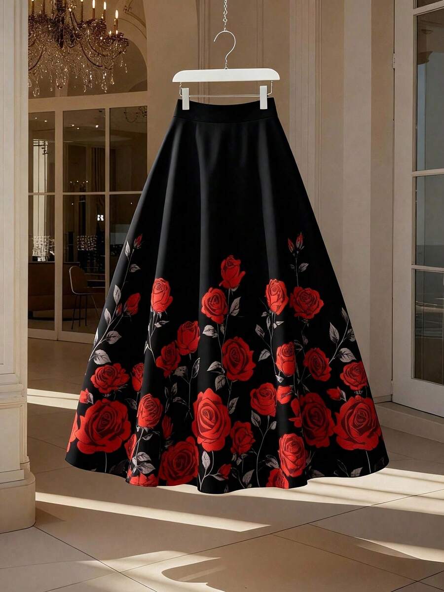 GlowEve CURVE Falda acampanada con estampado floral de rosa para mujer de talla grande, falda elegante y retro para uso diario, de vacaciones o fiestas, de color rojo chino, ideal para el Día de San Valentín - Negro - Ver 1