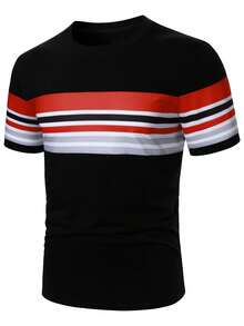 Manfinity Homme Áo thun nam tay ngắn cổ tròn kẻ sọc, kiểu dáng thường ngày, đa năng - Nhiều màu - Xem 3