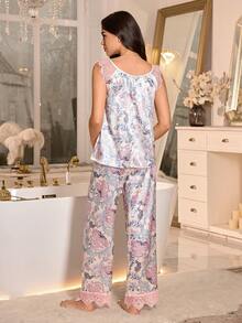 SHEIN 优雅蕾丝边饰花卉印花仿丝绸女士睡衣套装 - 杏色 - 查看 3