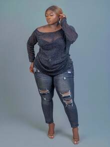 CurvyTilda 大码女式透明网眼宽松休闲衬衫 - 黑色 - 查看 1