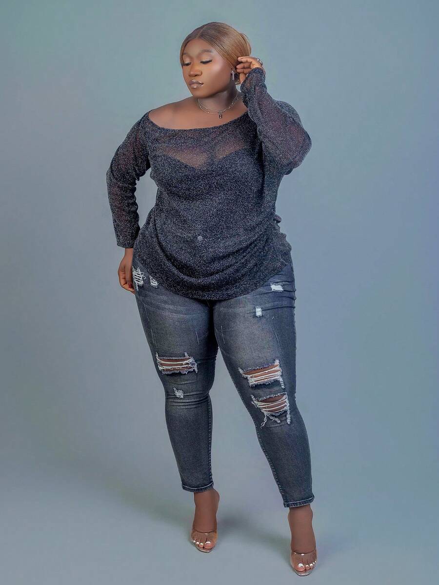 CurvyTilda 大码女式透明网眼宽松休闲衬衫 - 黑色 - 查看 1