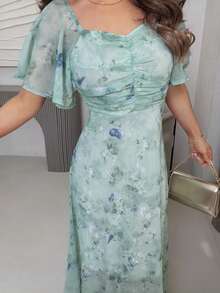 Jemour 女士雪纺蝴蝶蝙蝠袖褶饰可爱法式夏装 - 綠松石色 - 查看 3