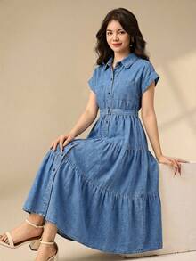 少女蓝色牛仔领层叠蛋糕裙，夏季连衣裙，春季女童连衣裙，优雅派对连衣裙，毕业礼服，度假装 - 淺色水洗藍 - 查看 4