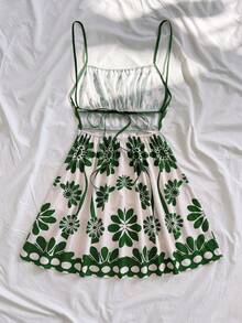 Soleia 女士度假红色波点印花露背吊带A字迷你连衣裙，适合秋冬季叠穿，也适合派对和圣诞节穿着。 - 綠色 - 查看 2