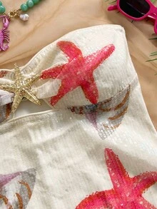 Vestido corto ajustado de mujer para vacaciones, de punto blanco con textura, sin tirantes, escote en pico, fruncido, decoración de estrella de mar metálica, para fiesta sexy, cita, playa, vacaciones de verano - Multicolor - Ver 4