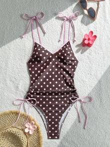 Swim Mod-D 女士波点随机印花细肩带系带连体泳衣，春夏款 - 彩色 - 查看 2