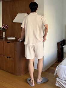 DAZY Summer Short Sleeve Polo Shirt Paired With Shorts Apricot Color Men Pajama Set - Apricot - View 2