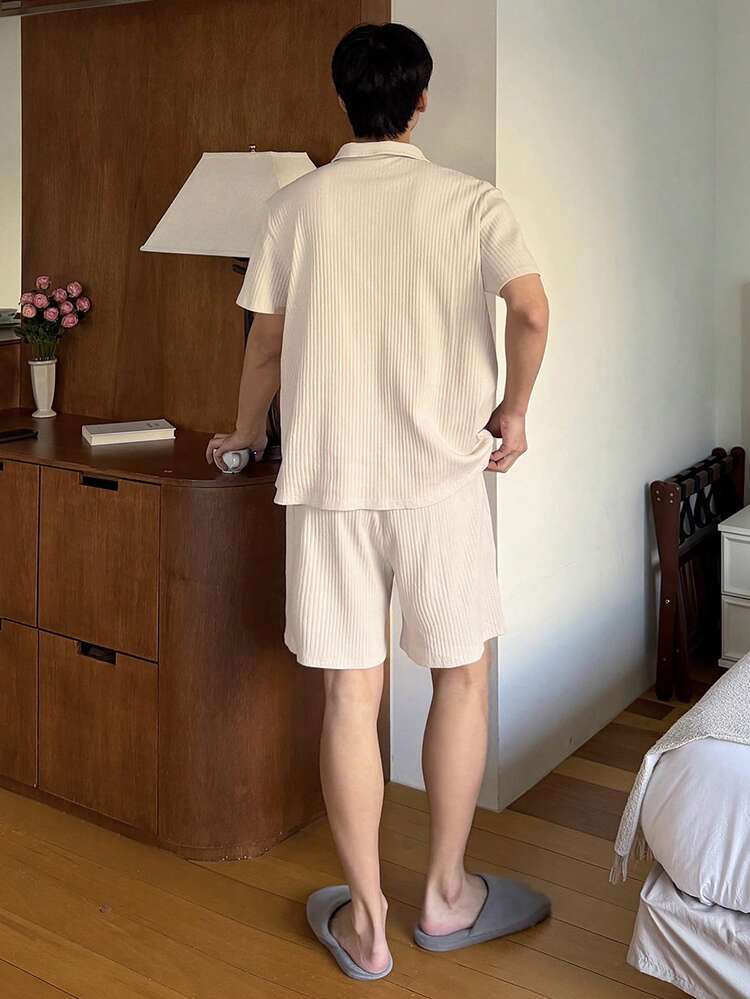 Summer Short Sleeve Polo Shirt Paired With Shorts Apricot Color Men Pajama Set