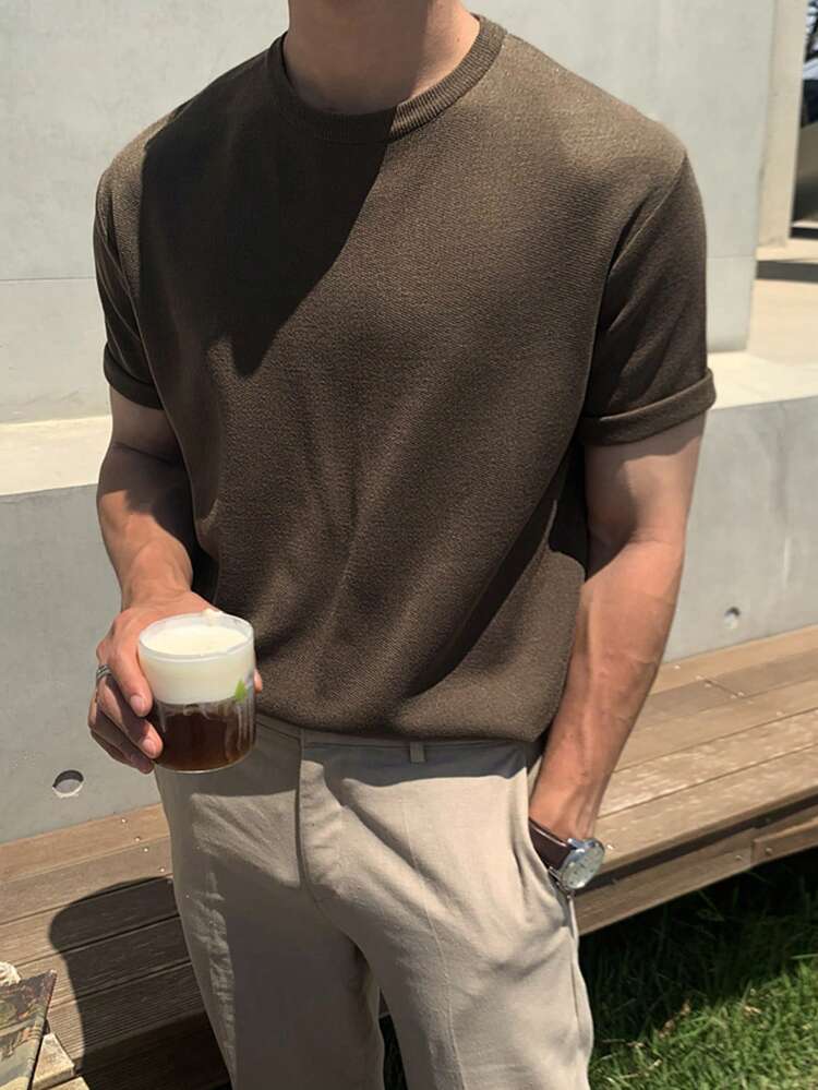 Men's Solid Brown Crew Neck Knit Sweater, Summer