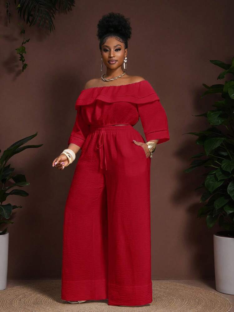 Veslaya Bộ đồ cỡ lớn 2025 mới mùa xuân/hè dành cho đi biển/hoạt động ngoài trời/lễ hội âm nhạc/phong cách nghỉ dưỡng miền Tây cổ điển/nghỉ dưỡng thường ngày/du lịch/nghỉ dưỡng thành phố. Áo crop top tay lửng trễ vai màu trắng chất liệu tre, có dây rút ở eo và túi, phối cùng quần ống rộng. Bộ đồ 2 mảnh màu đỏ dành cho nữ, bộ đồ 2 mảnh bằng len. - Đỏ - Xem 6