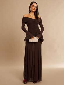 Silquee 女士露肩褶皱修身透视喇叭袖连衣裙，深紫色/深酒红色，适合情人节、圣诞节、约会之夜、派对、婚礼、鸡尾酒会、舞台表演等场合 - 咖啡棕 - 查看 7