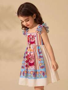 Travachic KIDS 小女孩可爱碎花印花短袖夏季度假连衣裙 - 彩色 - 查看 3