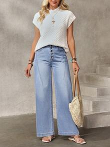 EMERY ROSE 女士休闲日常通勤百搭纽扣开襟宽松阔腿牛仔裤 - 藍色 - 查看 4