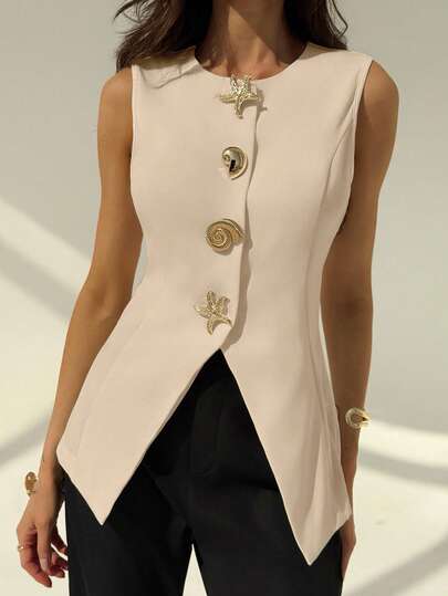 Aloruh بليزر نسائي بياقة مستديرة بدون أكمام، ديكور معدني بسيط، للمكتب والأعمال الرسمية الكاجوال في فصلي الخريف والشتاء