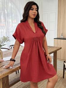 Weeklong Plus Size Women's Casual Turndown Collar Tie-Front A-Line Short Dress, Spring/Summer - Rust Brown - View 3