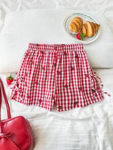 Shorts casuales de verano para niñas preadolescentes con estampado a cuadros y bordado de fresa con cordón - Rojo - Ver 1