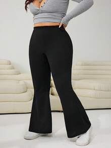 SHEIN Tall CURVE Plus Size Women Casual Solid Color High Waist Flare Leg Pants, Versatile For Daily Commute Plus Size Flare Pants Flared Leggings For Women Plus Size Bell Bottoms Yoga Pants Plus Size Maternity Clothes Maternity Pants,High-Elastic Pants - Black - View 5