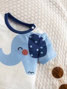 SHEIN Newborn Baby Cute Elephant Print Short Sleeve T-Shirt & Floral Shorts Set, Summer - Navy Blue - View 5