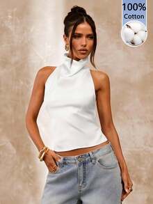 SHEIN BAE 100%纯棉白色露背垂褶领女士吊带背心，性感优雅，适合夏季穿着，可用于工作、办公室、通勤、度假、婚礼宾客以及西部节日等场合。 - 白色 - 查看 9