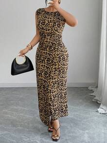 Elenzga Plus Size Women's Round Neck Sleeveless Wrap-Style Metal Buckle Decor Leopard Print Elegant Dress, Spring/Summer - Multicolor - View 4